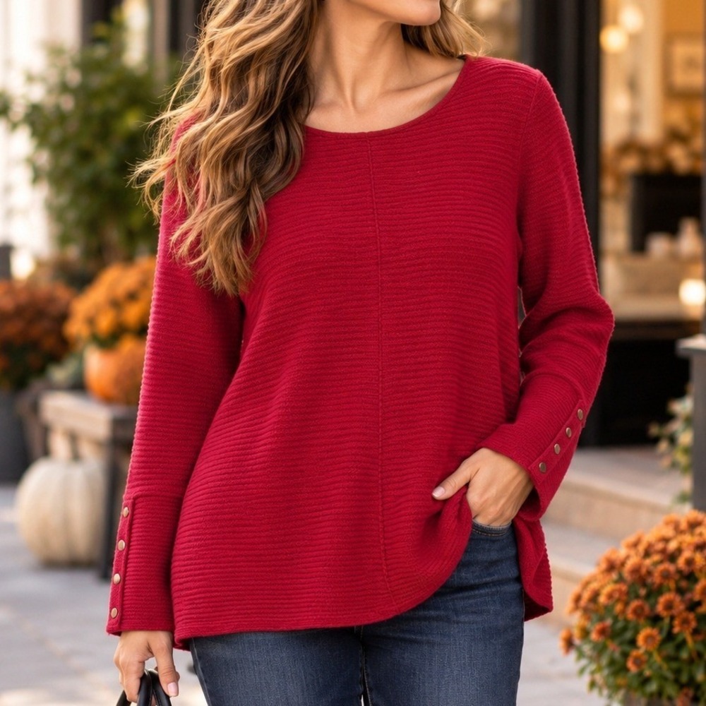 Red Textured Knit Sweater Women's 10 Cotton Viscose Snap Cuff Made Greece